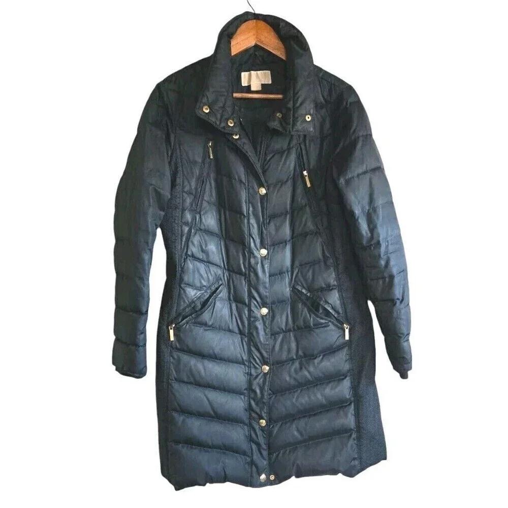 MICHAEL KORS Down Puffer Jacket Coat Women's Medium Blue Gold Zip